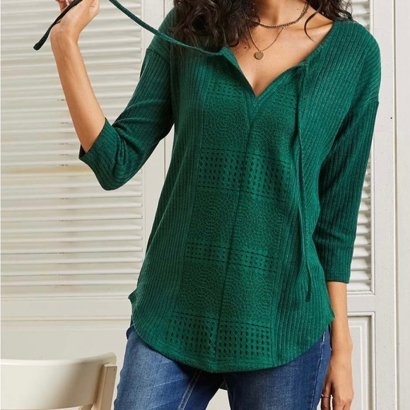 Women’s Suzanne Betro Dark Green Lace-Panel Tie-Neck Curved-Hem Tunic XL - Picture 2 of 4